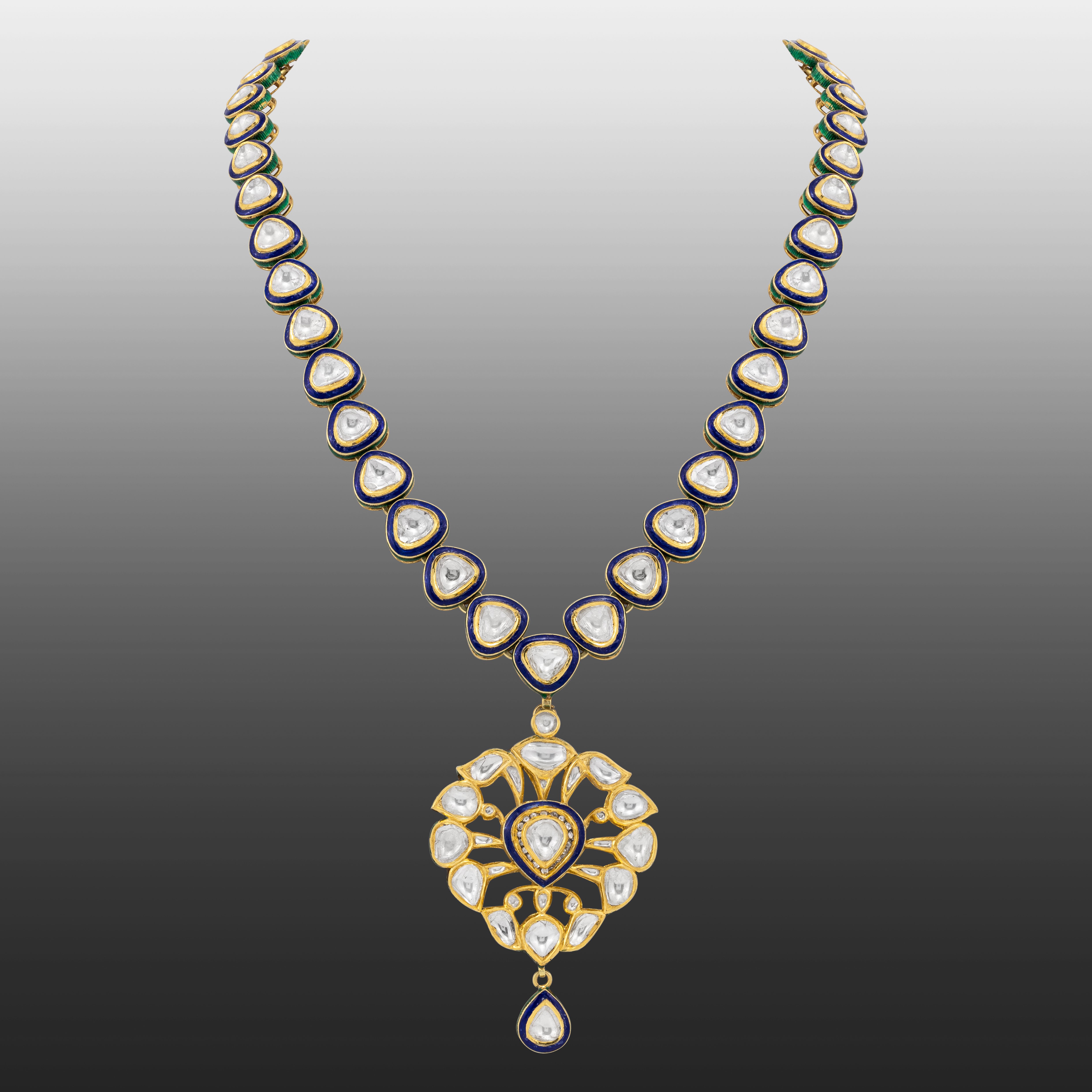 Polki Diamond Necklace with Blue Enamel and Pendant